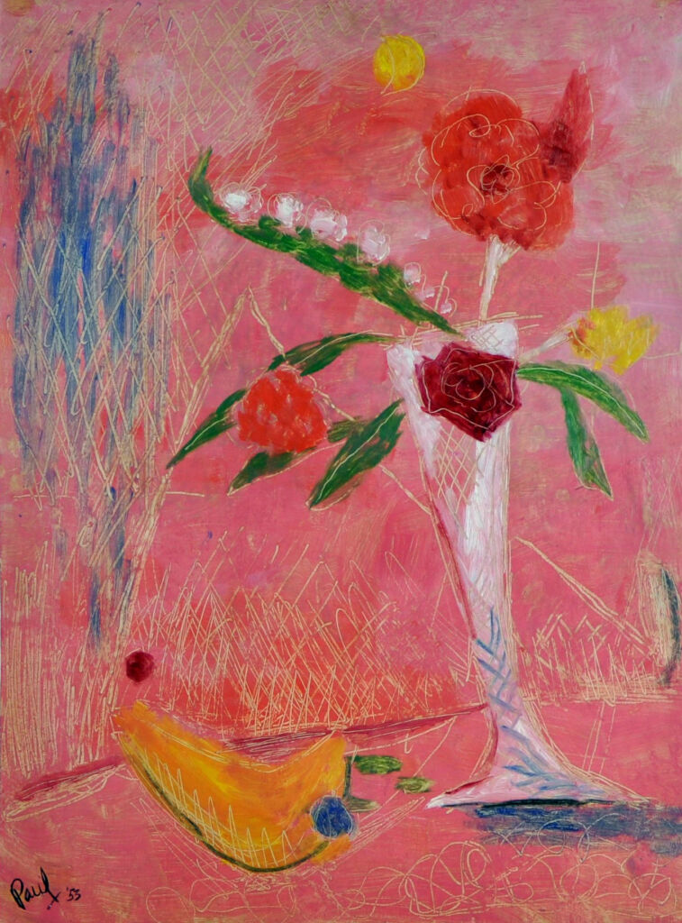 Still life painting of a banana on a table next to red, orange, and yellow flowers in a tall white vase. The table and background are hot pink.