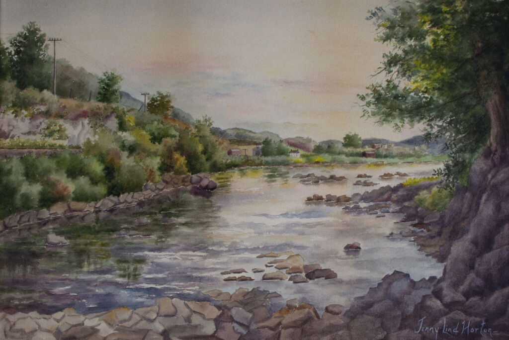 Landscape painting of stream with tall rocky shore on right foreground. Left shore lined with bushes. Electrical pole in background.