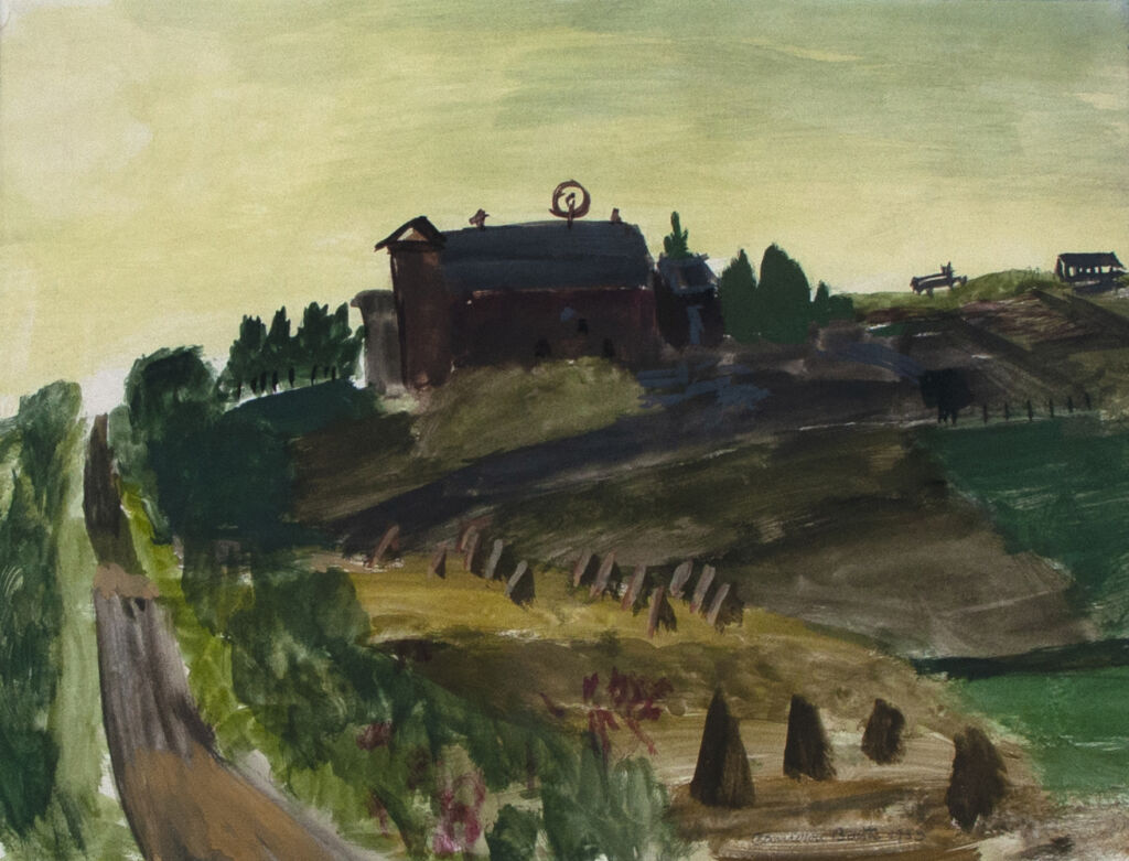 Landscape painting of brown farm building atop green hills. Hills are covered in fields of hay and trees.