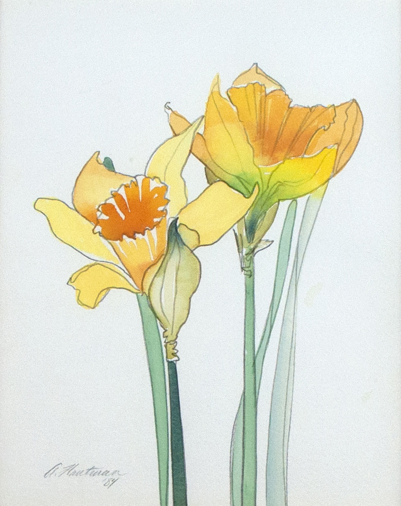 Painting of two yellow daffodils on white paper. Painting has brown and gold-colored frame.