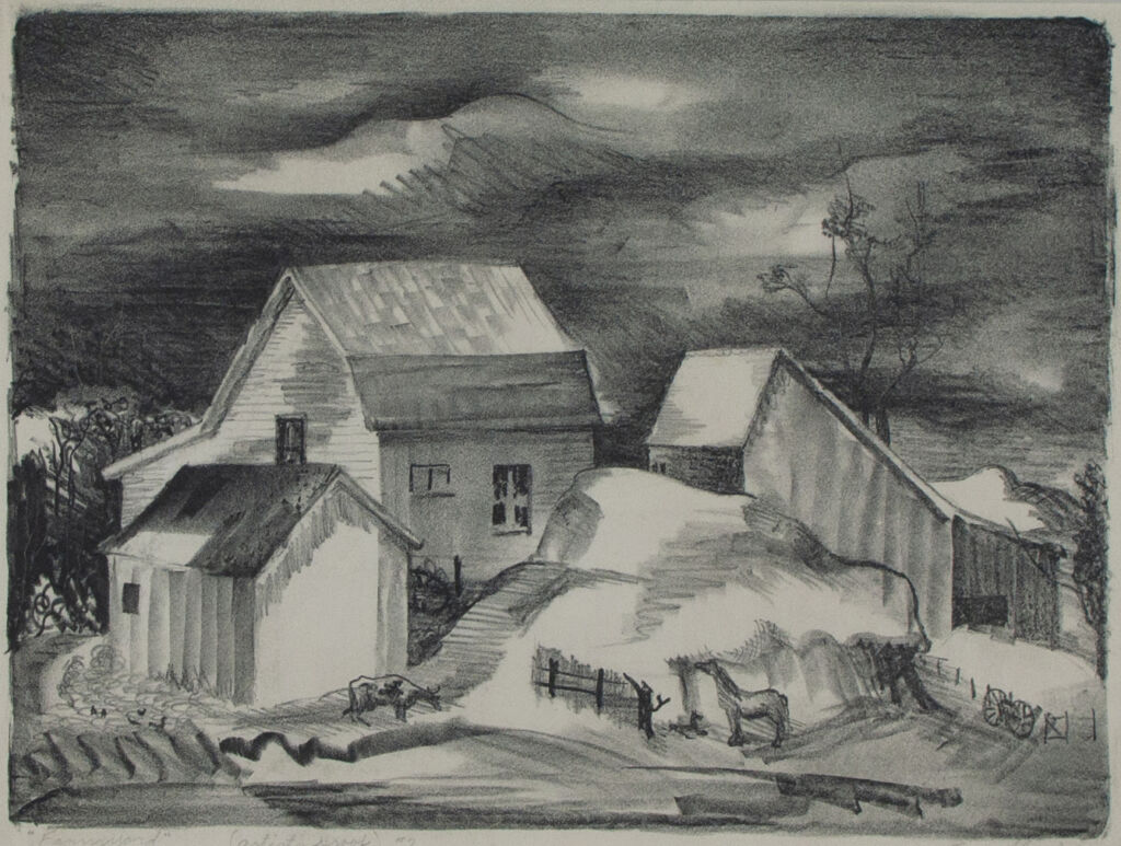 Lithograph of a farmhouse and two sheds. A story-tall pile of hay is beside the three. The sky is cloudy and dark.