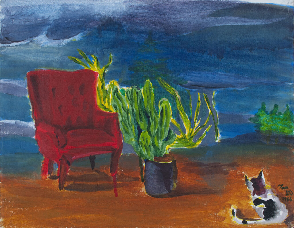 Painting of a red upholstered chair and potted plant on a brown floor. Calico cat is in the lower right corner. Green plants line a blue background.