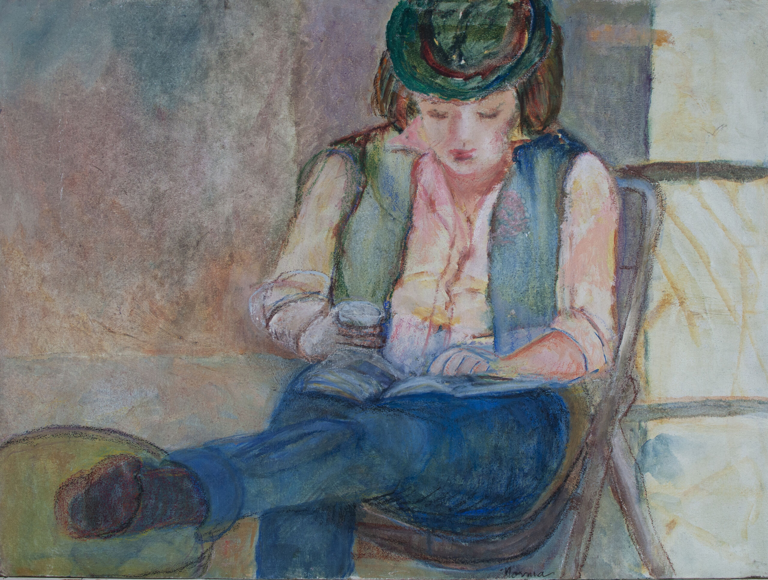 Painting of a white woman wearing a green hat, jeans, a white shirt, and a blue vest sitting on a metal folding chair. She is reading and drinking from a mug.