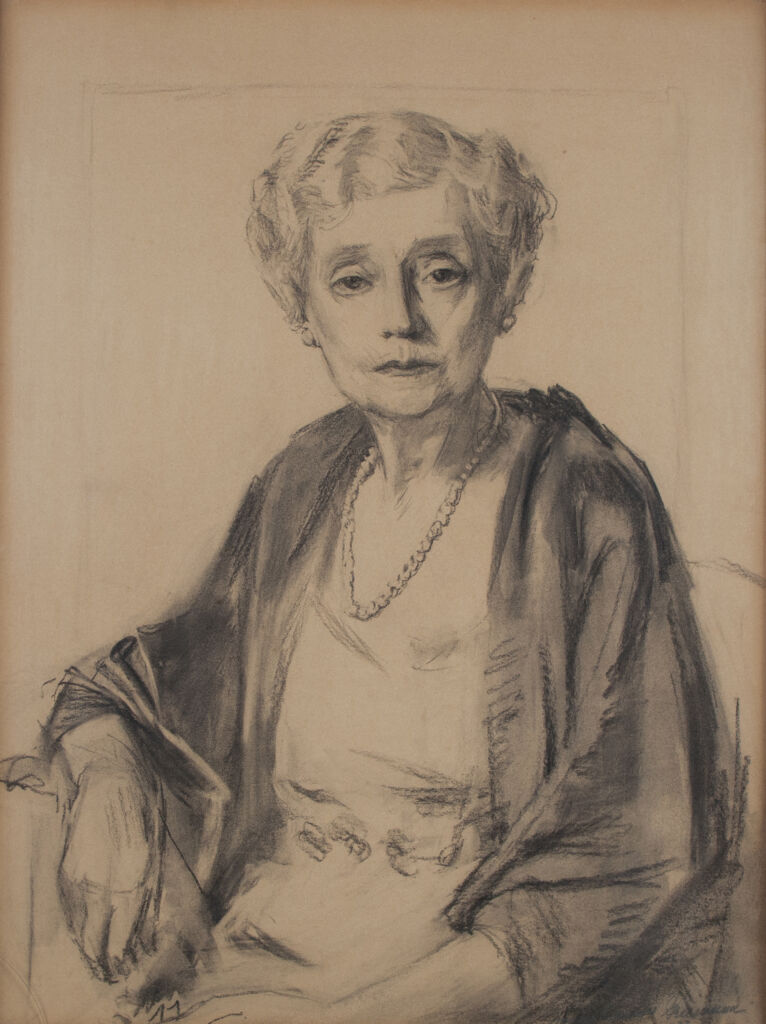Drawn portrait of a seated elderly white woman wearing a pearl necklace, white dress, and dark shawl. Framed with gilded wood.