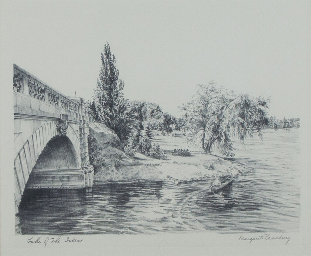 Black and white print of stone arch bridge leading to small island covered in trees. A canoer paddles around the right side of the island.