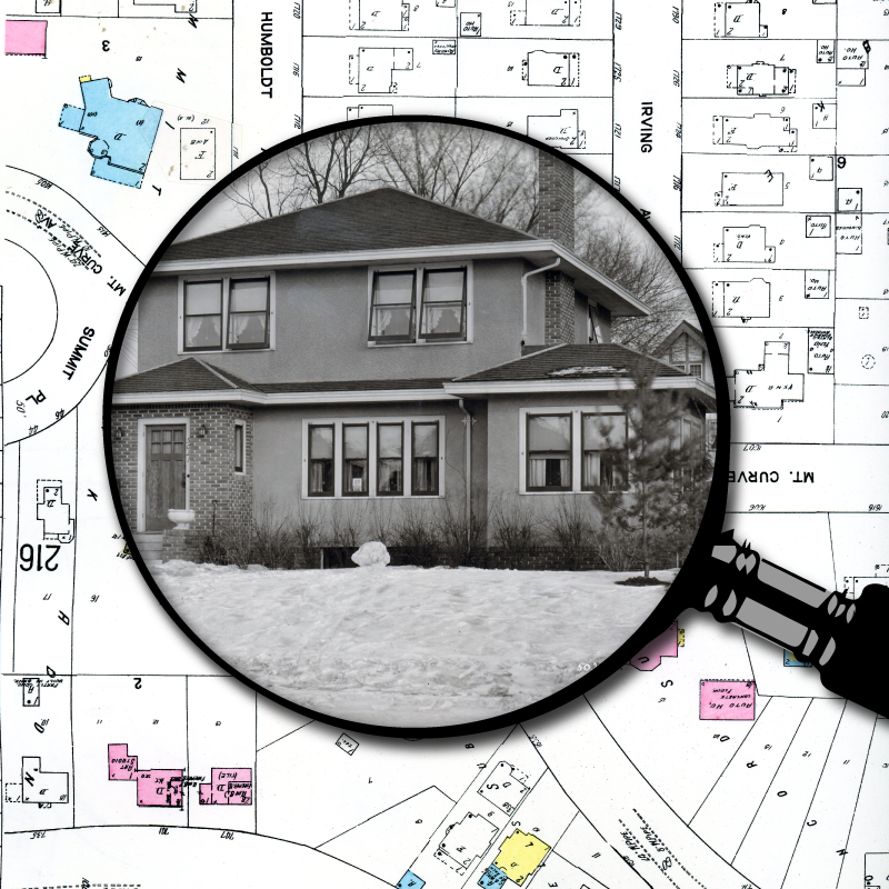 Plat map with magnifying glass over real estate photograph of Minneapolis house