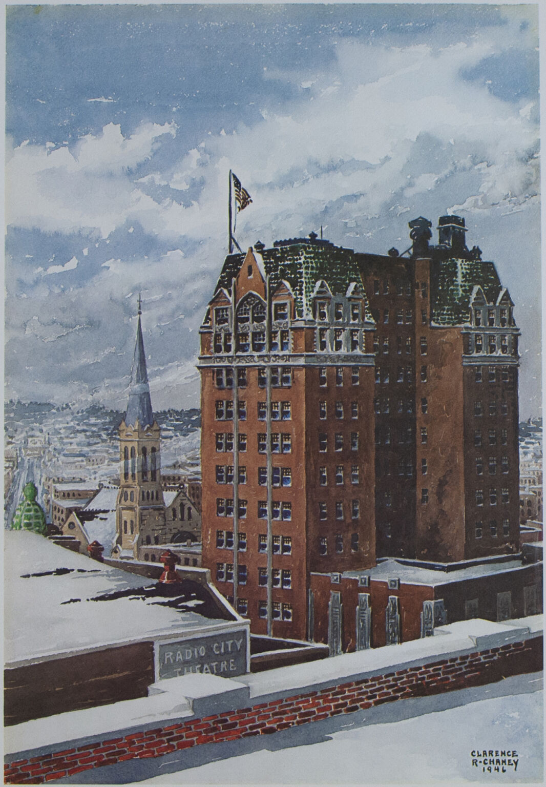 Print of watercolor rendition of Minneapolis YMCA and Trinity Church from the Radio City Theater roof.