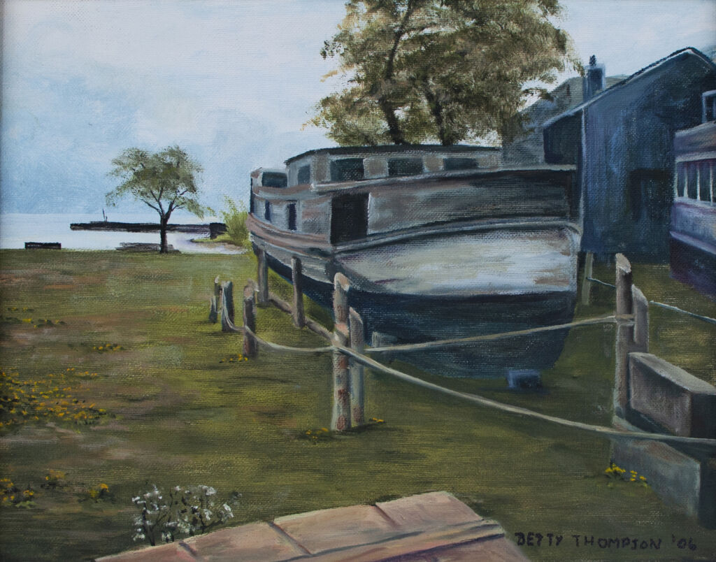 Painting of large private boat on grassy ground. Posts with rope surround the boat. A calm lake in the background. Two non-descript buildings frame the right of the boat.