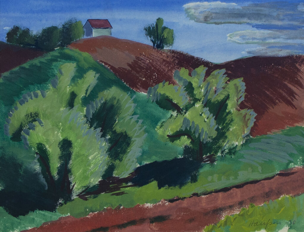 Painting of dirt road lined with bushes. White building with red roof stands atop hills against a blue sky in background.
