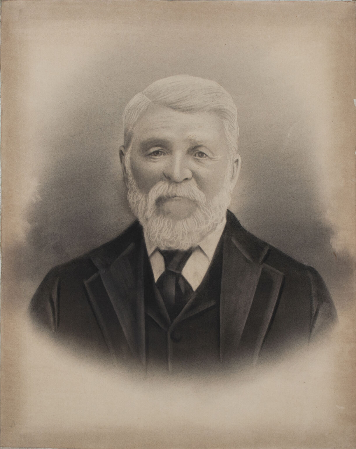 Unframed portrait of middle-aged man with white hair and beard wearing a black three-piece suit.