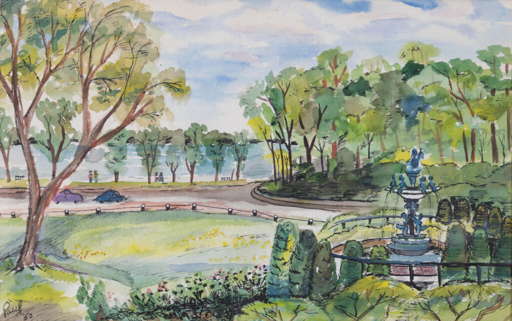 Painting of Lake Harriet’s Rose Garden. A fountain is in the foreground, surrounded by topiaries. Beyond it is a road with two cars, a lake, and many trees. 