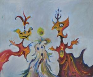 Two creatures with pantomime mask-like faces and flowing red robe-like bodies standing around a smaller creature that looks like a ghost with multicolored dots speckling its body.