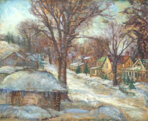 Painting of two rows of snow-covered houses and trees divided by an empty lane. The snow isn’t pure white, with gold, green, and blue mixed in.