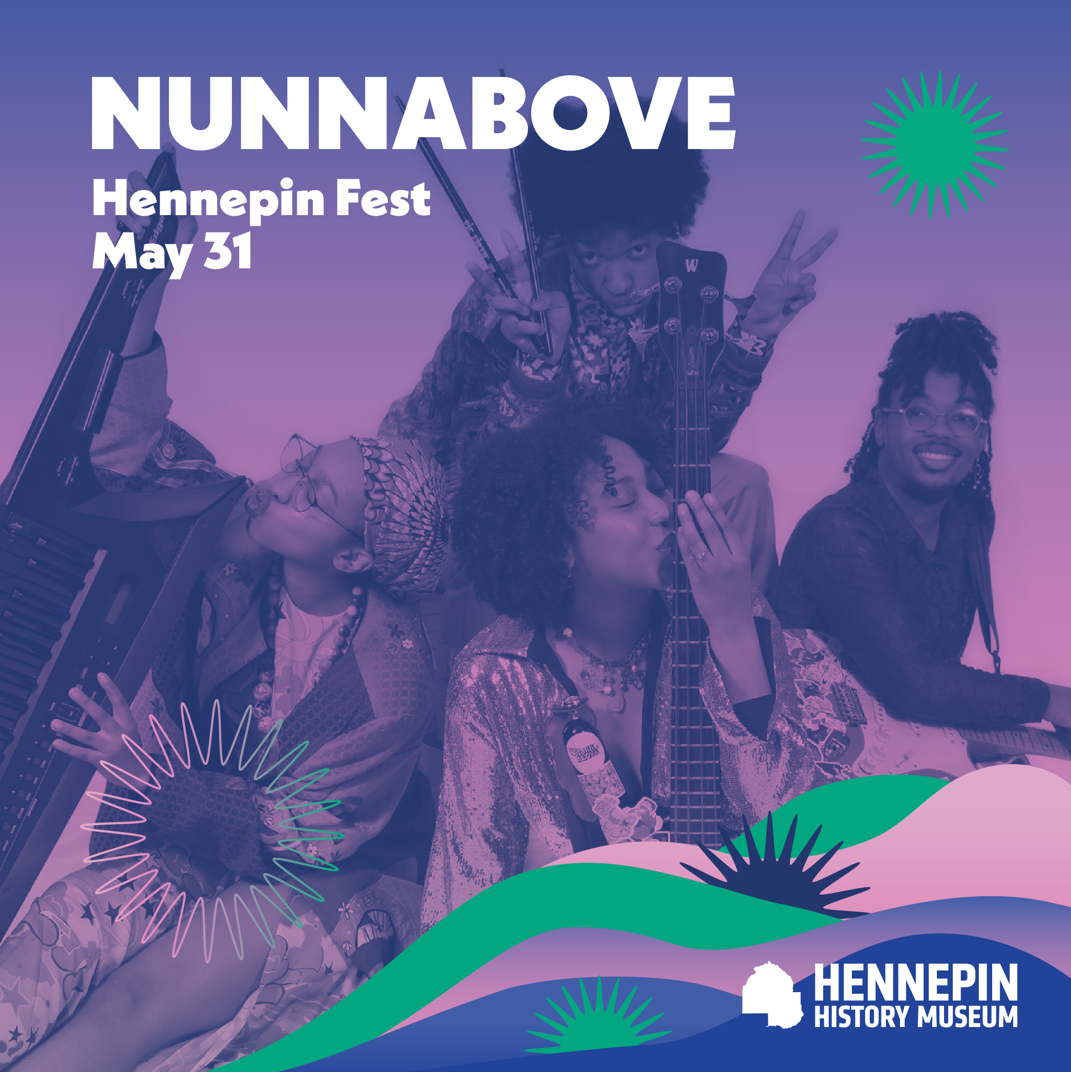 NUNNABOVE band members with instruments. Hennepin Fest. May 31.